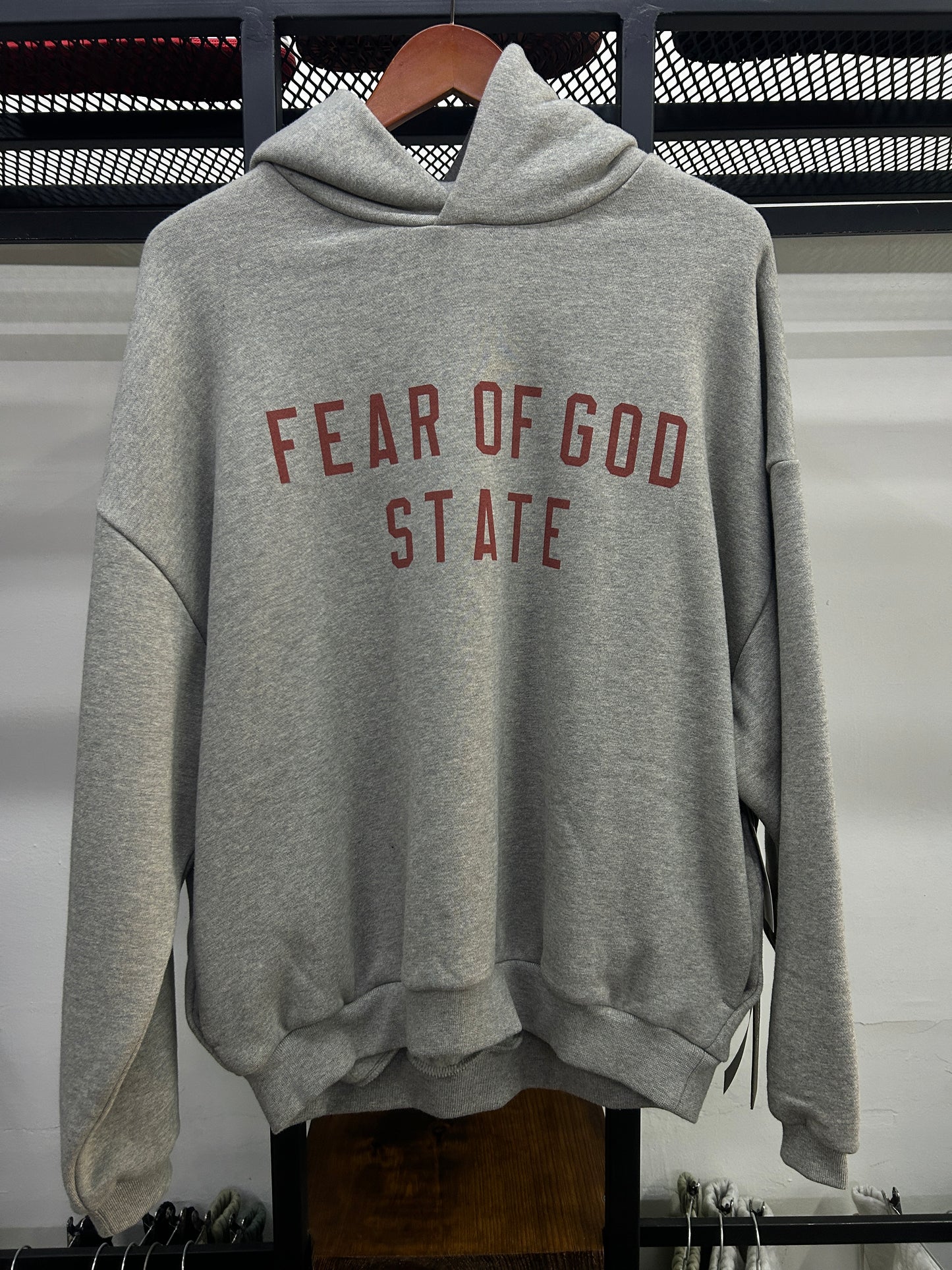 ESSENTIALS FEAR OF GOD STATE GREY RED HOODIE