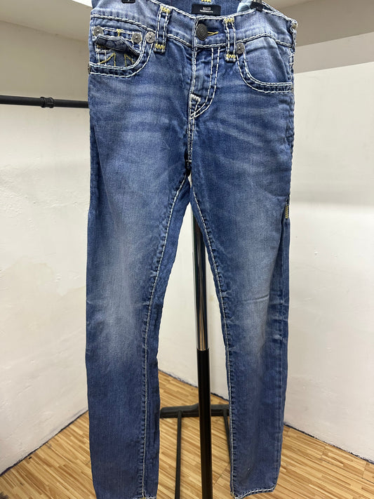 TRUE RELIGION ROCCO RELAXED SKINNY YELLOW LINES WHITE TAG