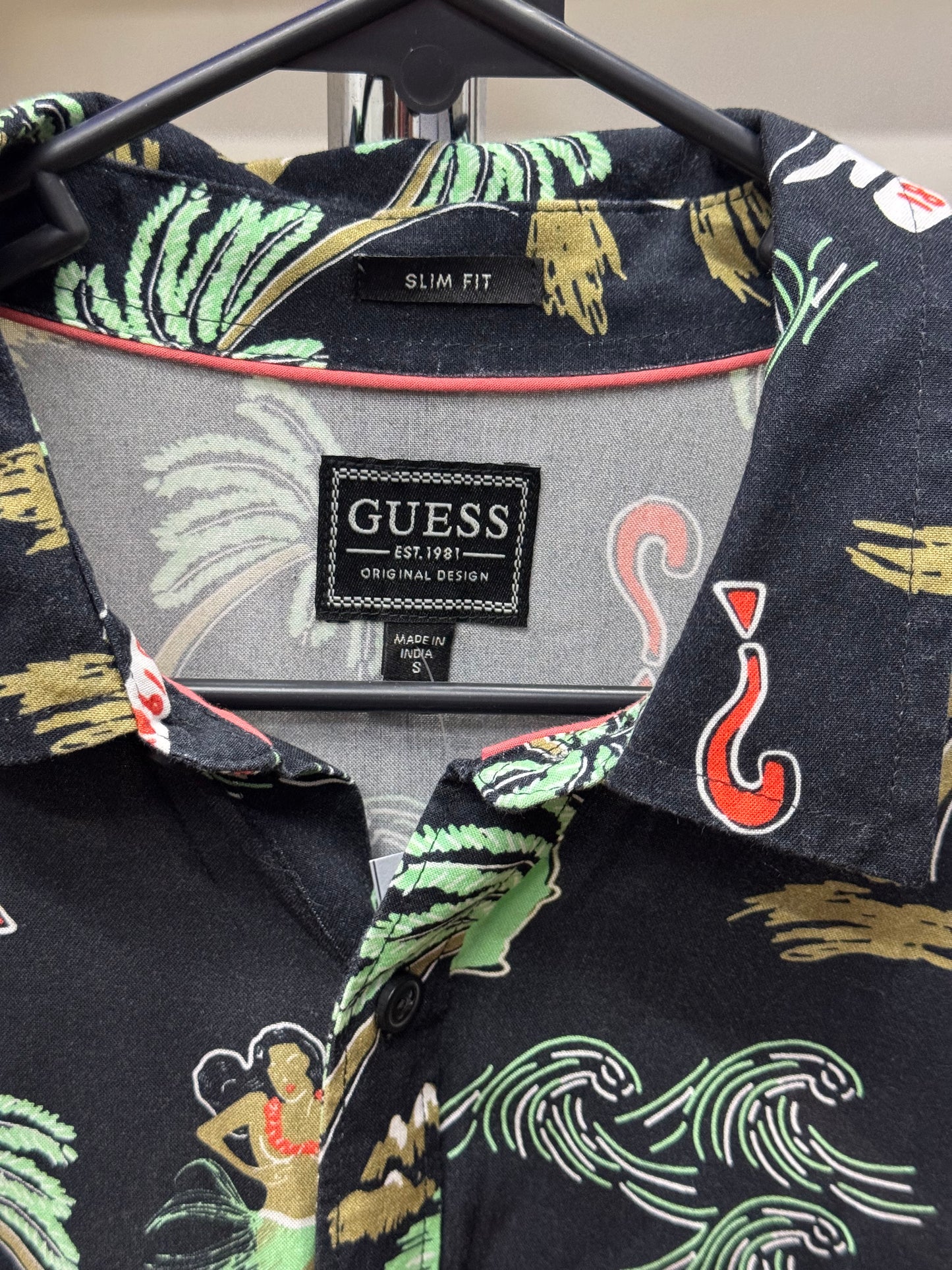 Guess Slim Fit Dark Blue Tropical Button Up Shirt