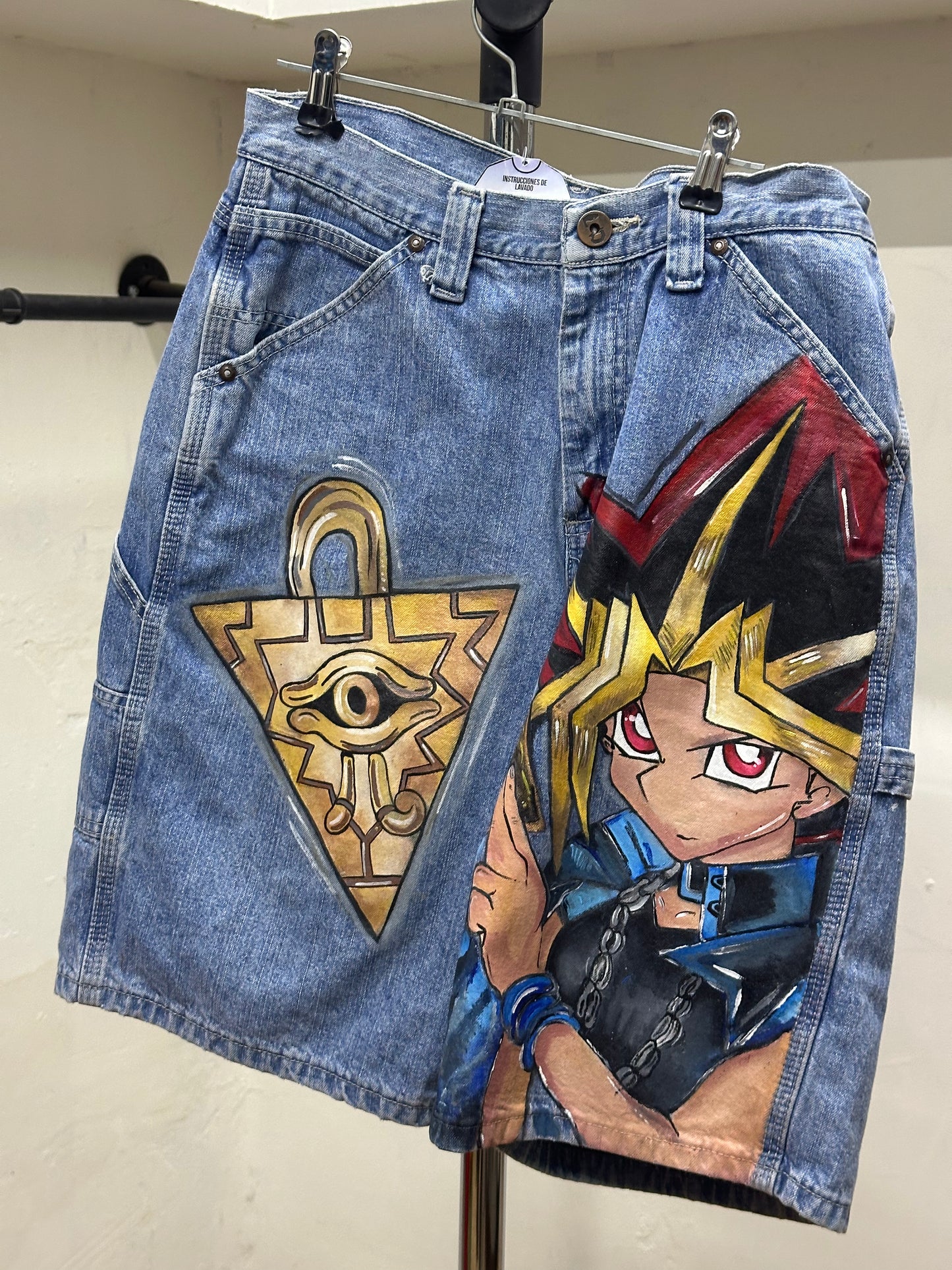 LEE DUNGAREES YUGI OH HAND PAINTED JORT