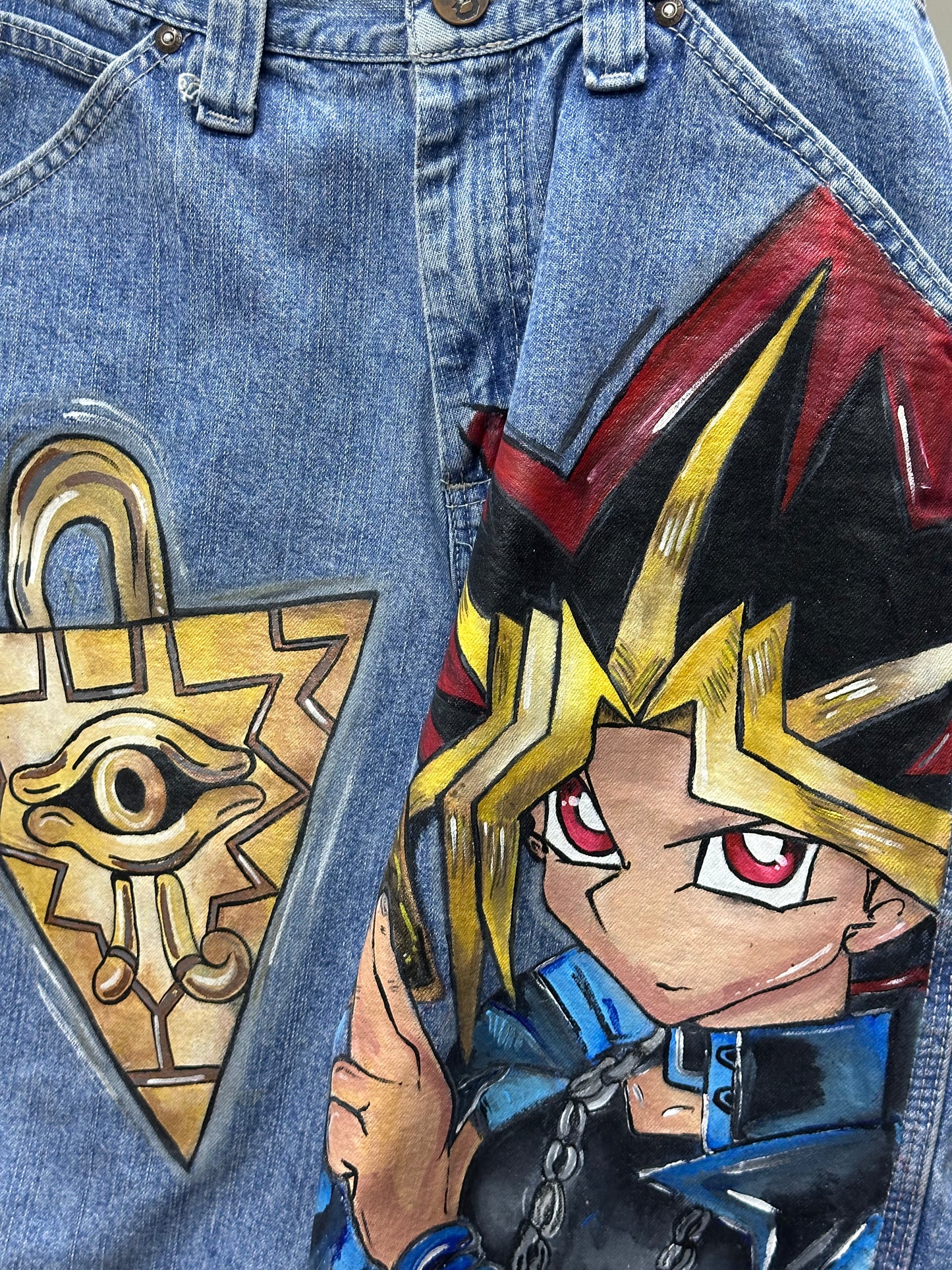 LEE DUNGAREES YUGI OH HAND PAINTED JORT