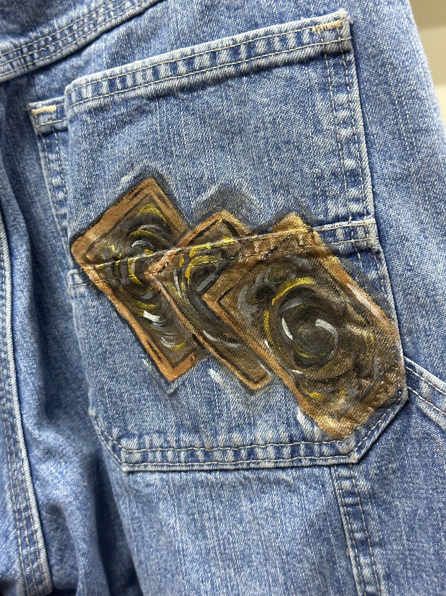 LEE DUNGAREES YUGI OH HAND PAINTED JORT