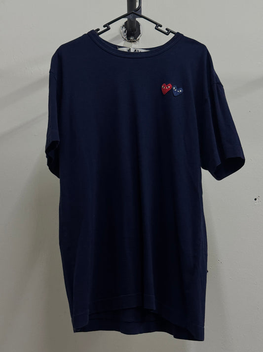 Comme Des Garcons Play Double Hearts Dark Blue Tee